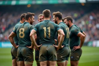 Groupe de joueurs de rugby en équipe après un match