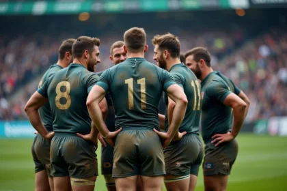 Groupe de joueurs de rugby en équipe après un match
