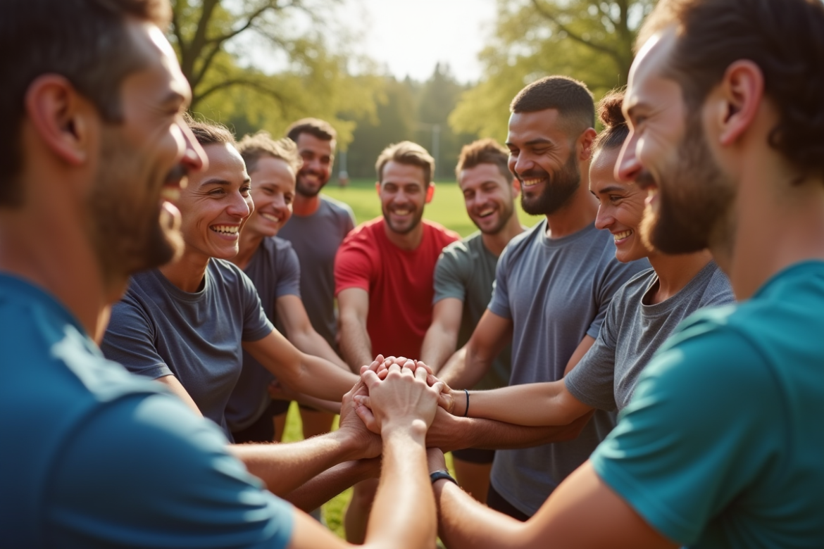 Groupe de sportifs souriants en extérieur pour l'article