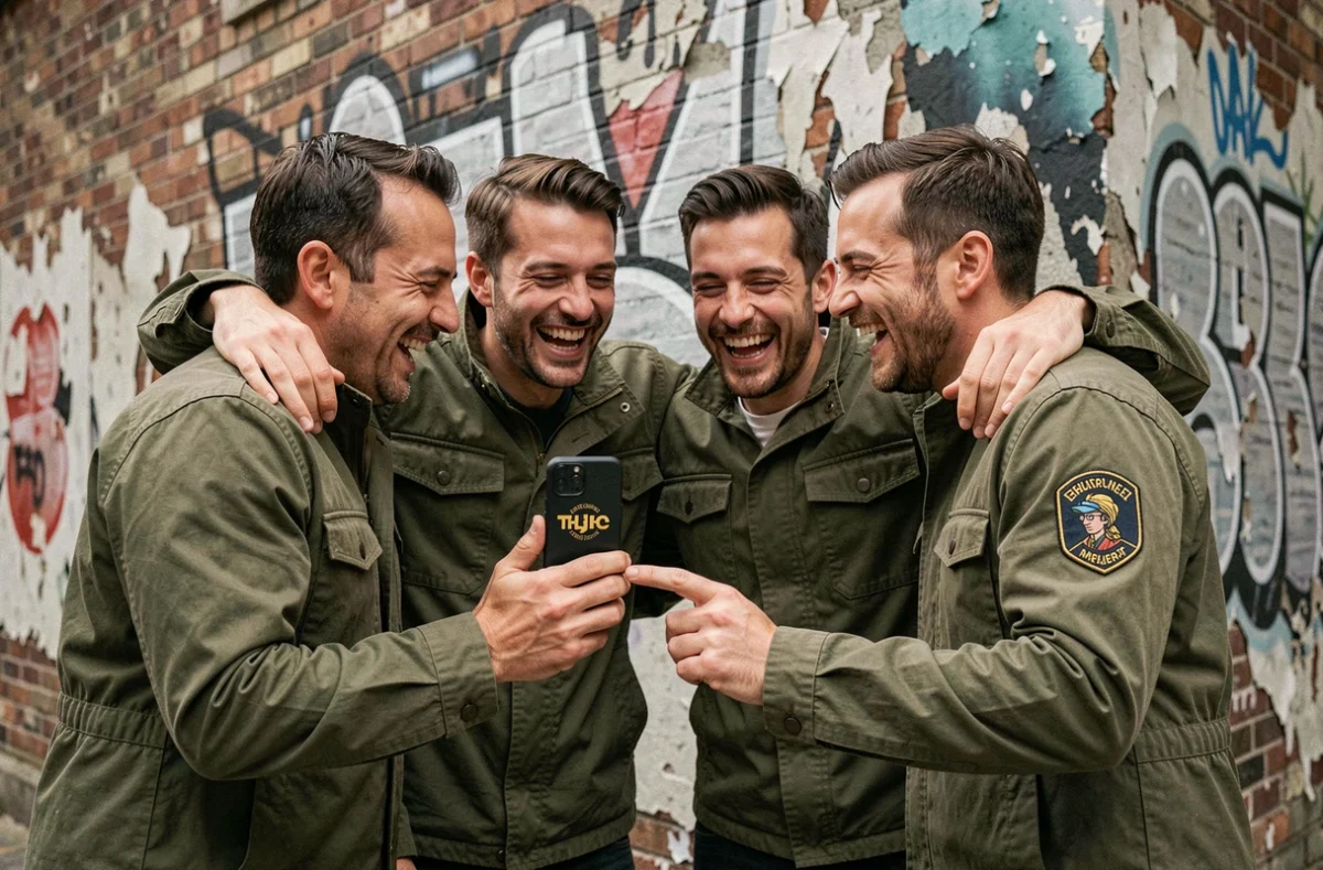 Quatre hommes portant des vestes assorties avec un patch d'équipe brodé devant une fresque urbaine