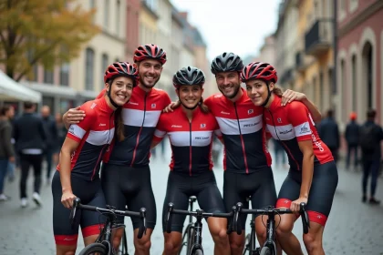 Groupe de cyclistes souriants lors de la signature d'un contrat