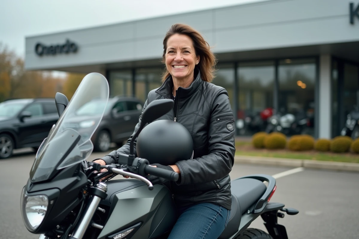 Femme essayant une moto de tourisme en concession avant achat, blog test Aunis Moto Nautic