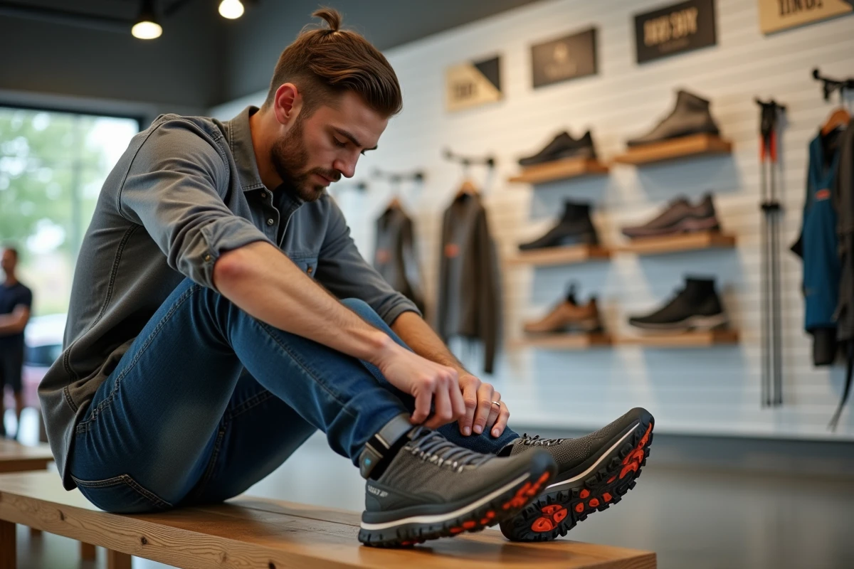 Homme essayant des chaussures de trail dans un magasin spécialisé au décor sobre et moderne