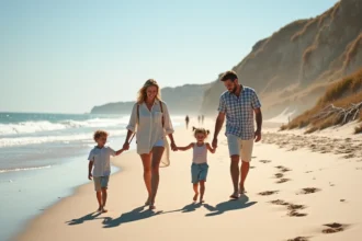 Famille de quatre sur la plage de Montalivet en été