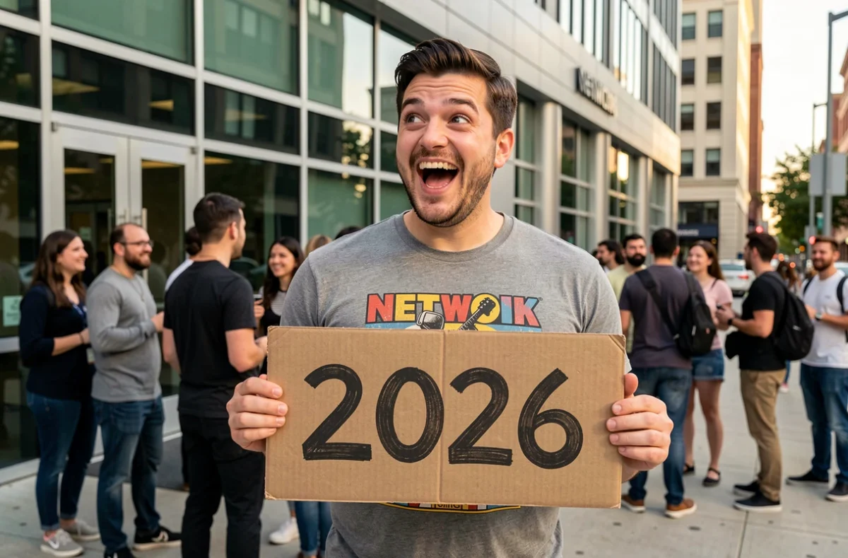 Fan enthousiaste tenant une pancarte devant un bâtiment de réseau télévisé pour célébrer le retour annoncé en 2026