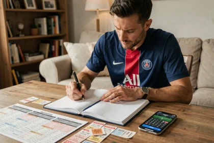 Fan du PSG consultant son agenda 2026 avec les matchs de Ligue 1, coupe et Europe notés sur son bureau