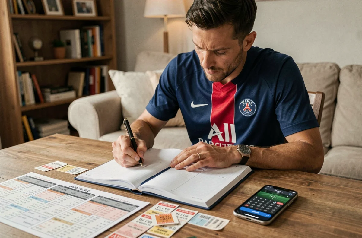 Fan du PSG consultant son agenda 2026 avec les matchs de Ligue 1, coupe et Europe notés sur son bureau
