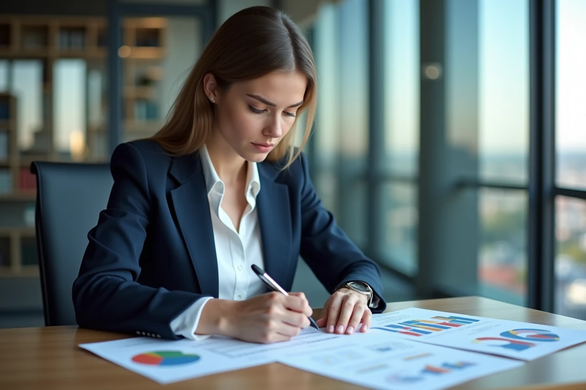 Jeune femme en blazer bleu analysant des graphiques financiers