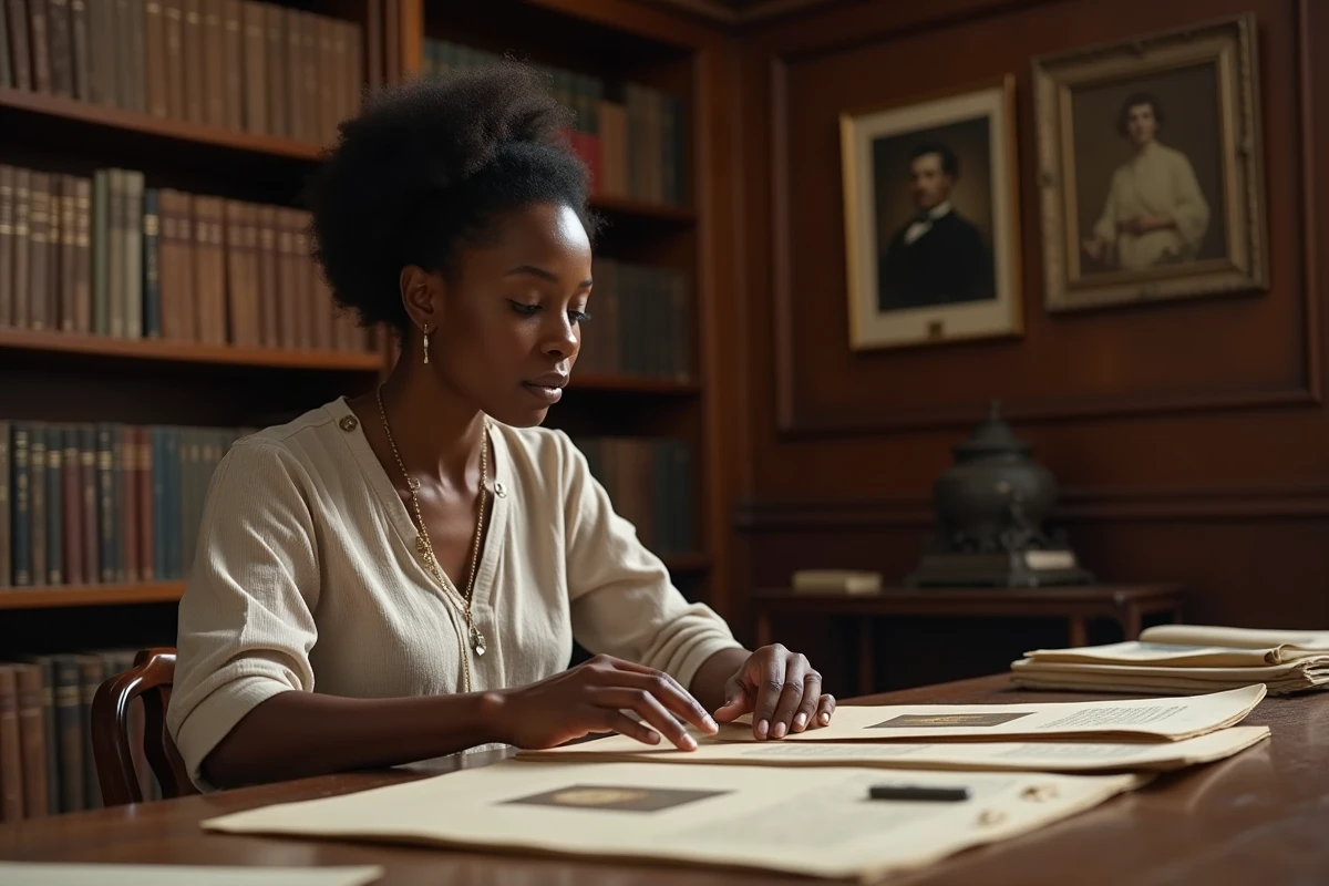 Femme archiviste manipulant des documents anciens dans une bibliothèque