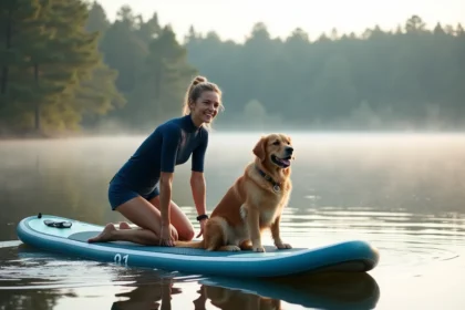 Femme et son golden retriever sur un stand-up paddleboard sur un lac calme entouré de pins