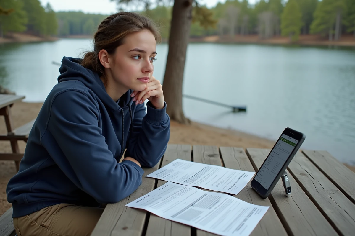 Femme comparant différentes options de carte de pêche sur une table au bord d'un lac