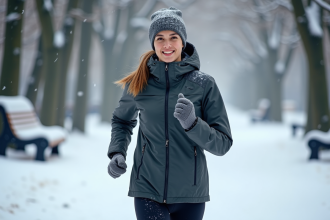 Jeune femme courant dans un parc enneige en hiver