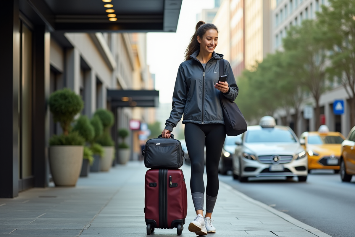 Femme coureuse avec valise devant un hôtel en ville