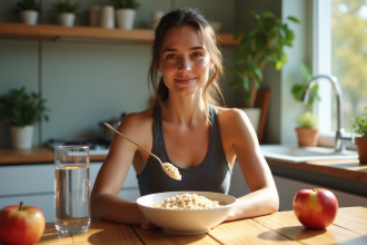 Femme sportive assise à la cuisine avec bol de flocons d'avoine