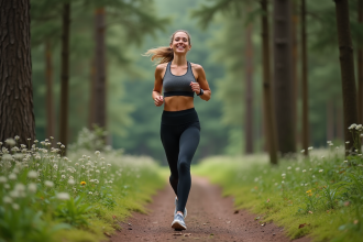 Jeune femme courant en forêt avec tenue sportive