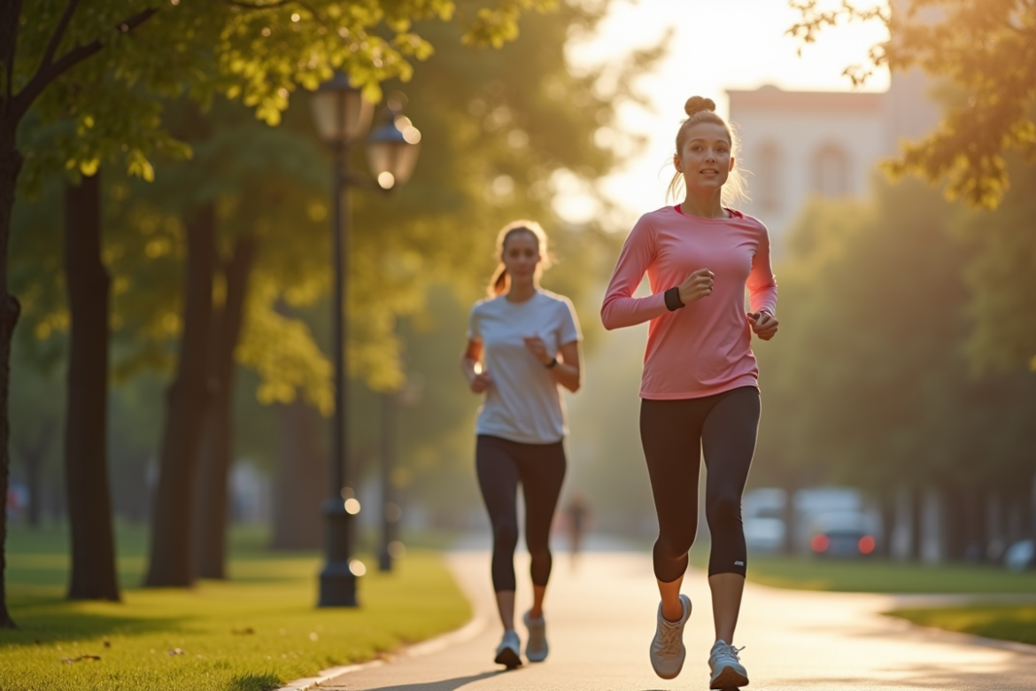 Jeune femme courant dans un parc urbain en matinée avec tracker fitness