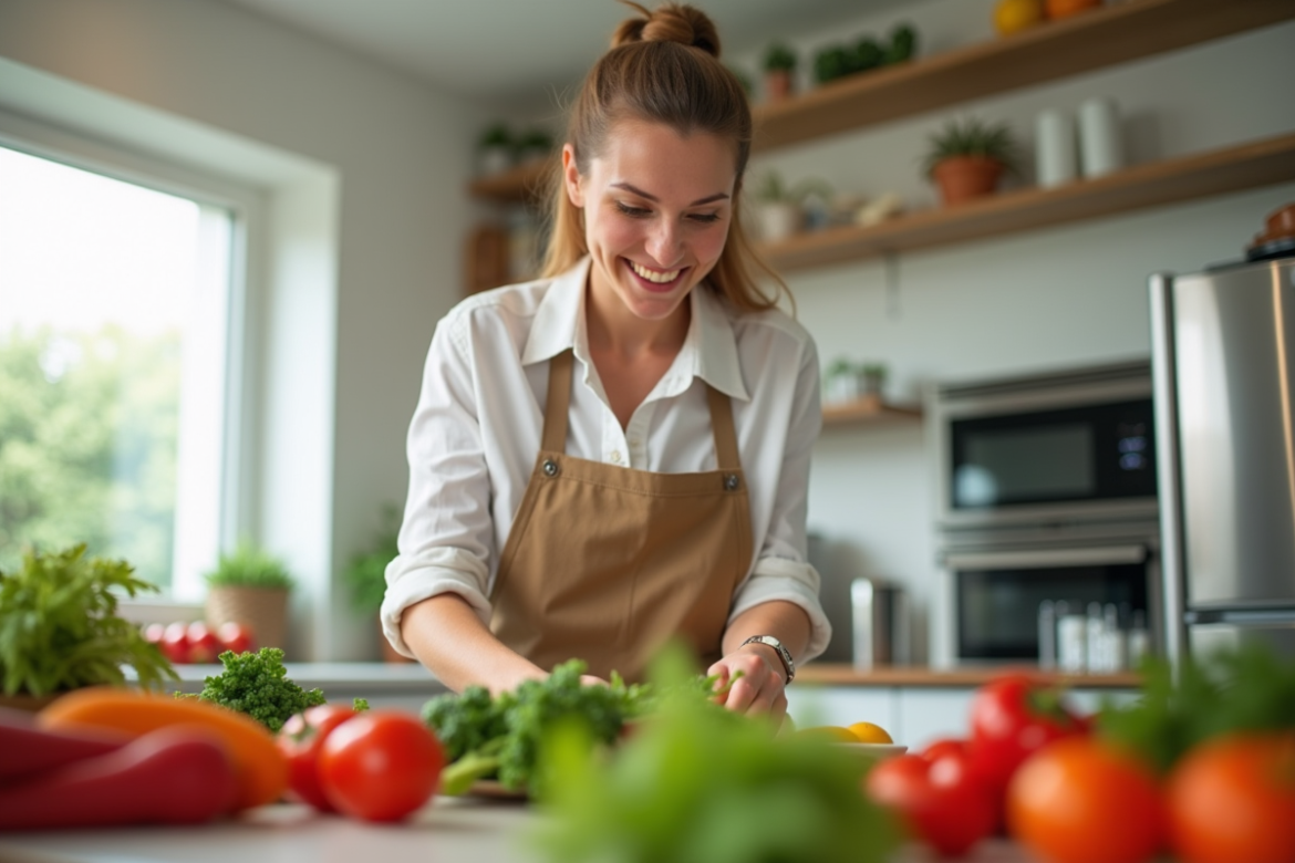 Femme souriante préparant un repas sain dans une cuisine lumineuse
