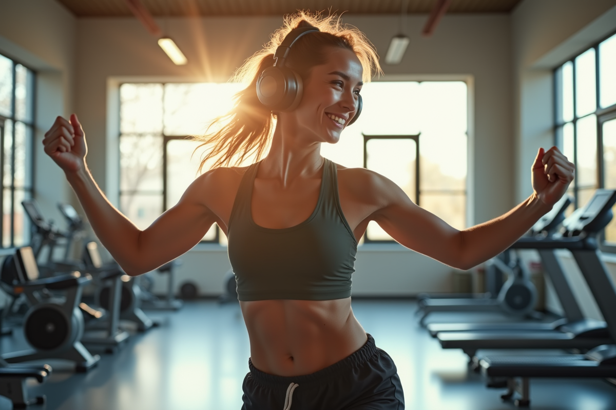 Jeune femme souriante dans une salle de sport en dansant