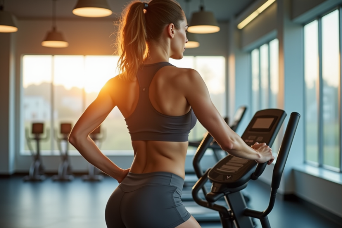 Femme en tenue de sport utilisant un elliptique dans une salle lumineuse