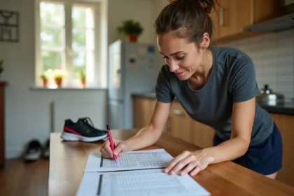 Femme concentrée vérifiant son plan d'entrainement semi-marathon
