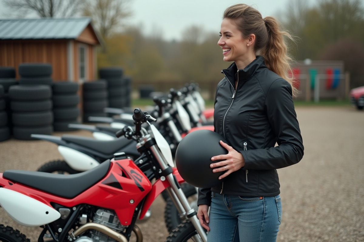 Femme examine une rangée de motos 50cc en concession
