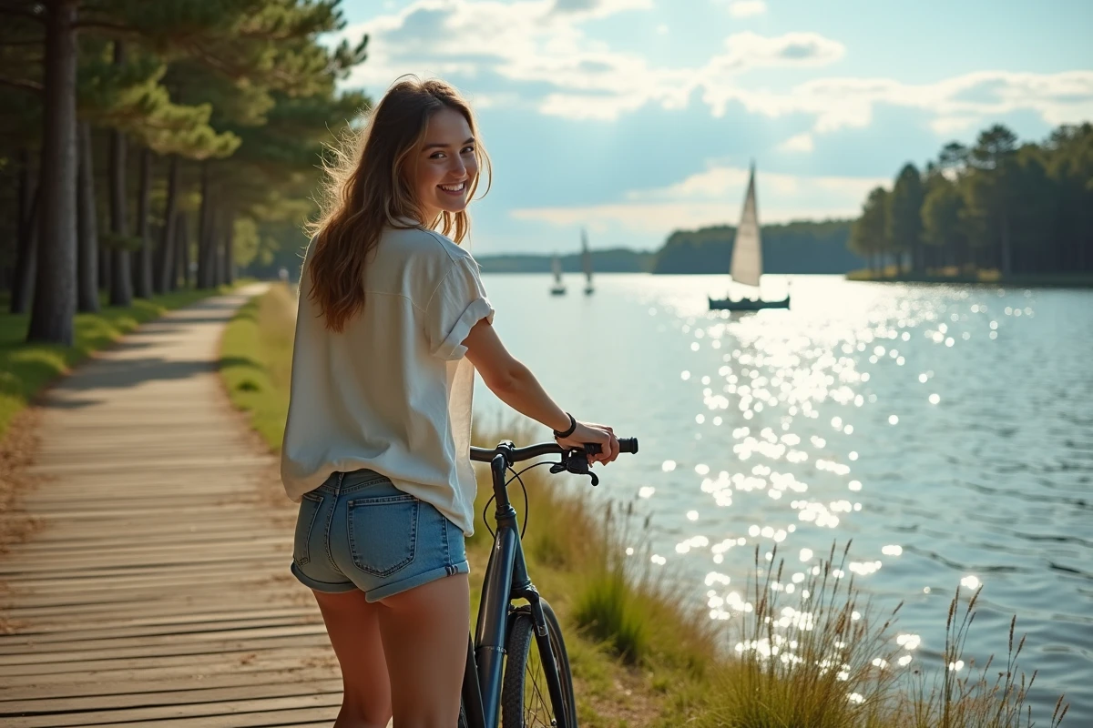Jeune femme avec vélo au bord du lac de Lacanau