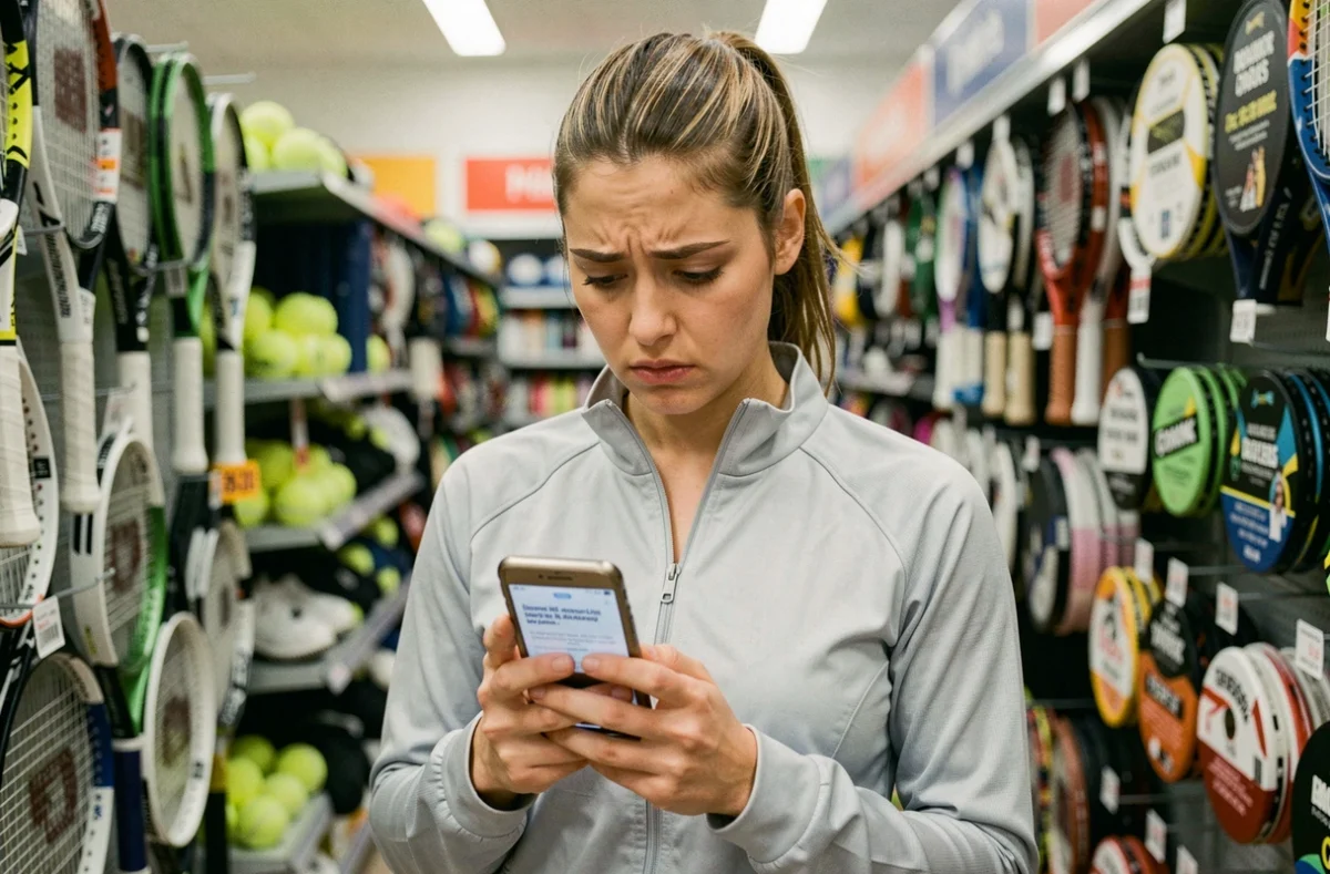 Jeune femme dans un magasin de sport consultant son téléphone après un échec de code de réduction tennis