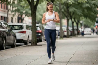 Femme marchant en ville et consultant son bracelet connecté pour suivre ses pas quotidiens