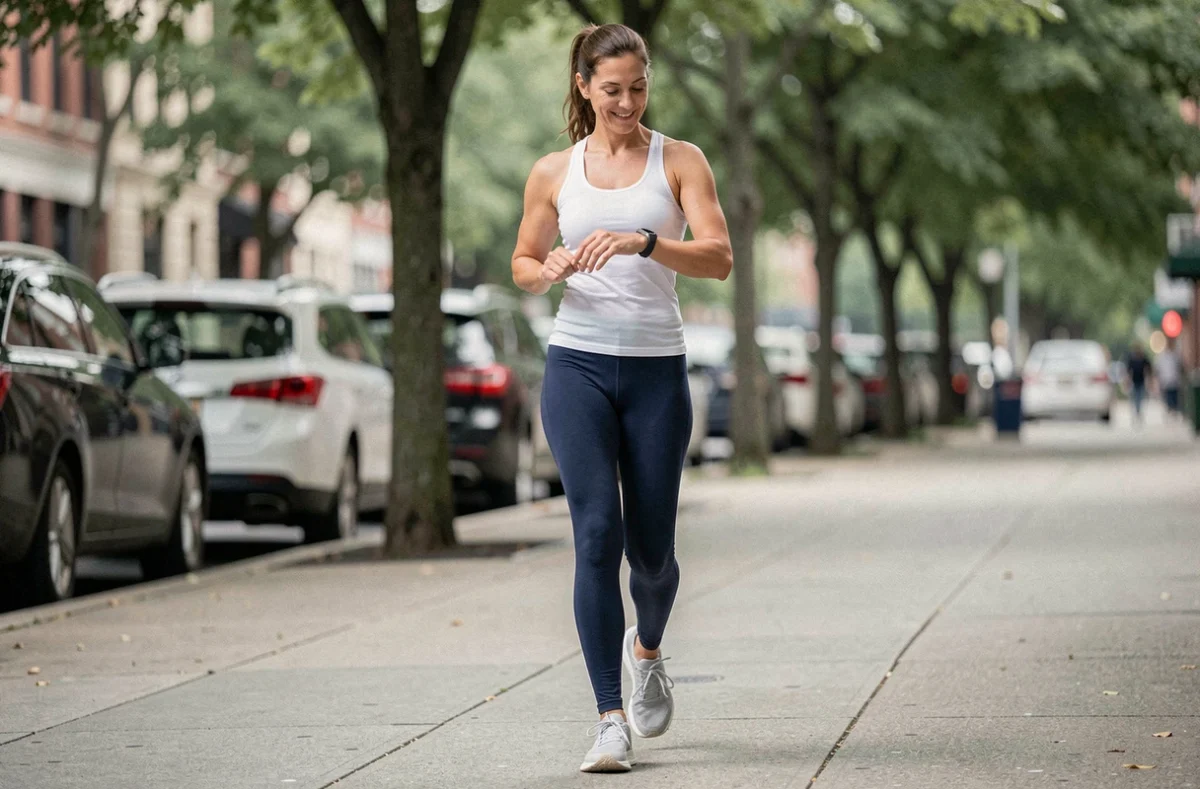 Femme marchant en ville et consultant son bracelet connecté pour suivre ses pas quotidiens
