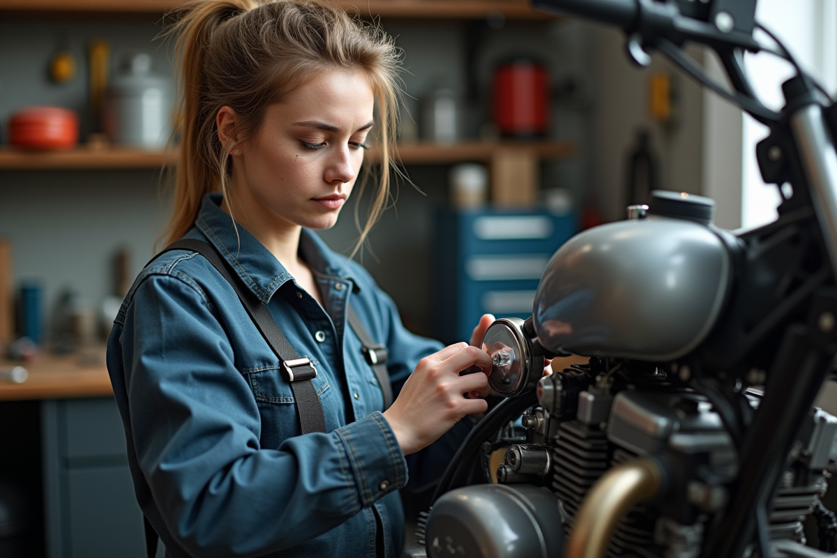 Femme mécanicienne révisant une moto en atelier