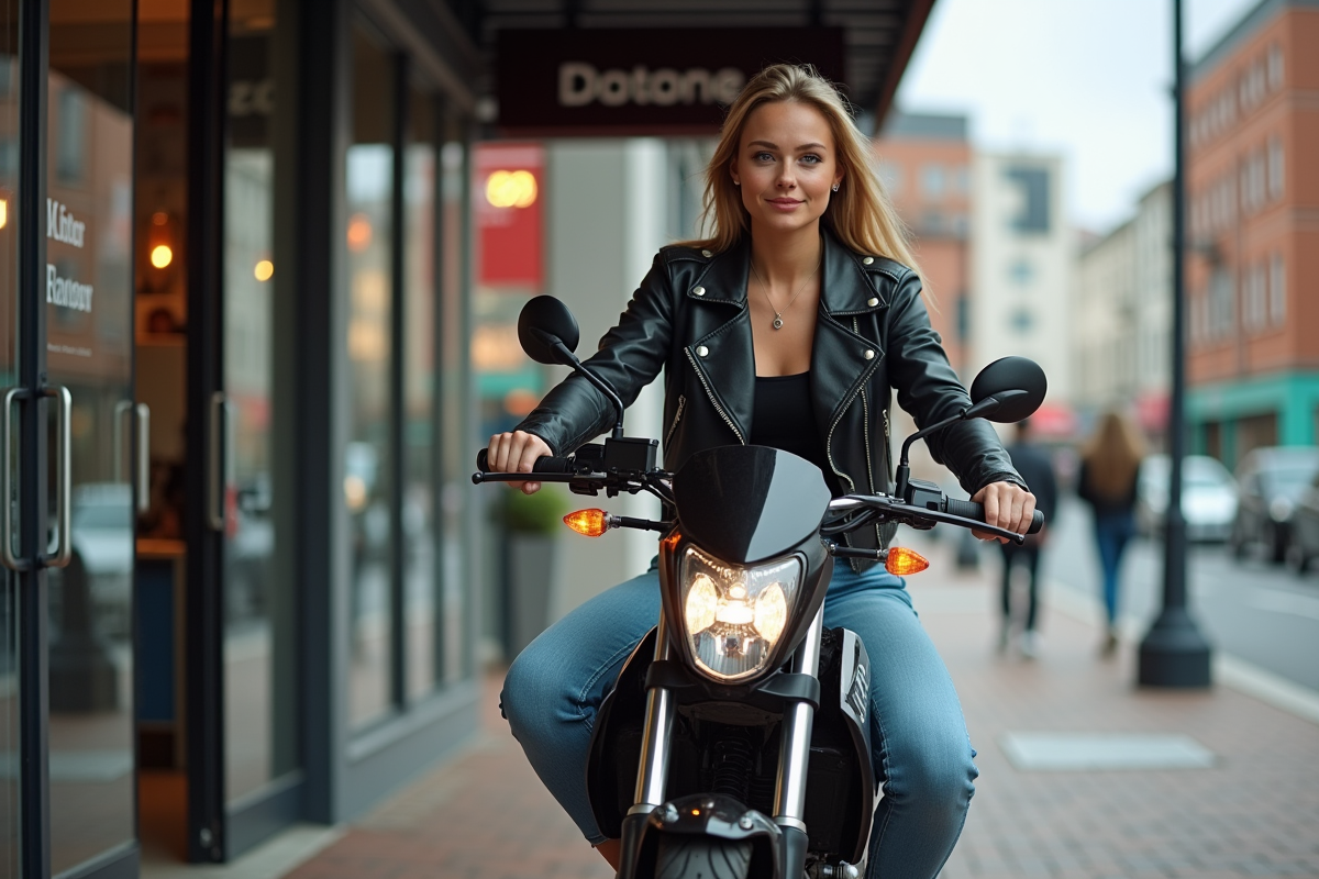 Jeune femme assise sur moto 150cc devant concession