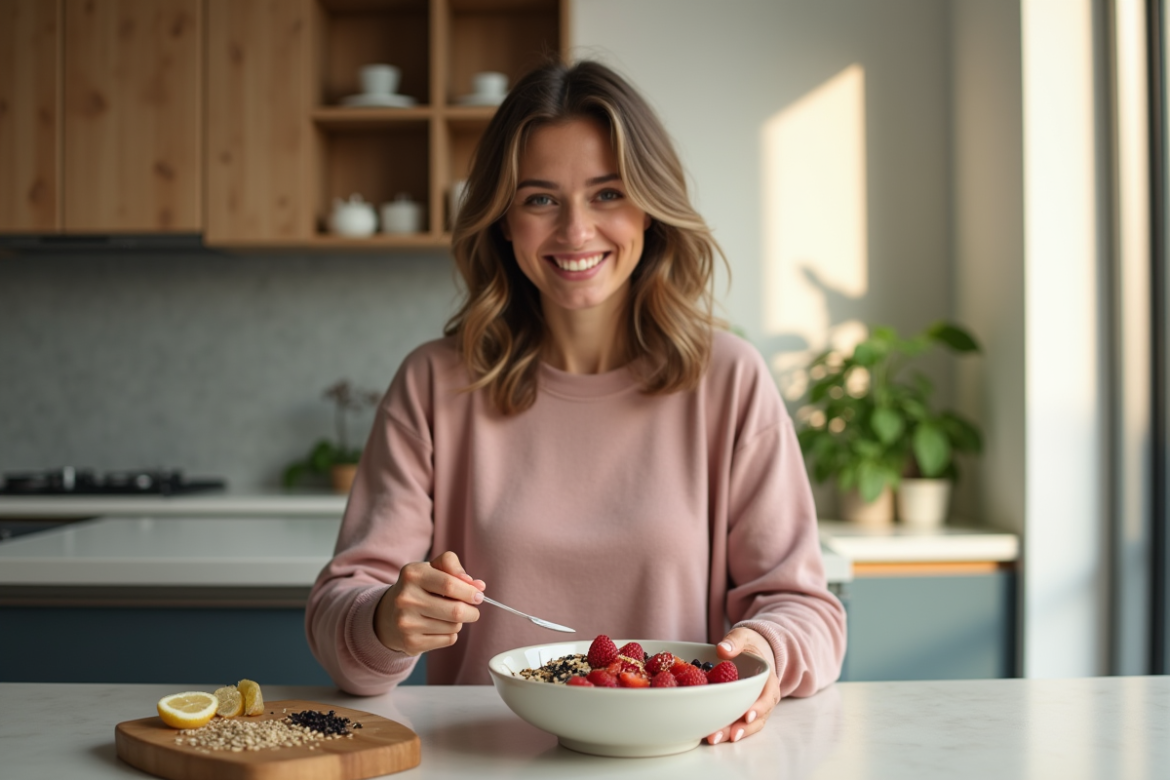 Jeune femme préparant un bol de petit déjeuner riche en protéines