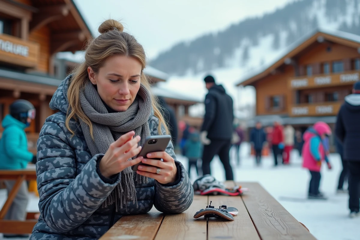 Femme compare prix ski au resort de Tignes