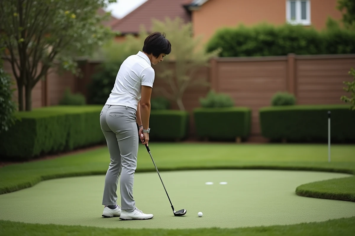 Femme pratiquant le putting sur un green extérieur privé dans un jardin résidentiel, vue de côté en position de frappe