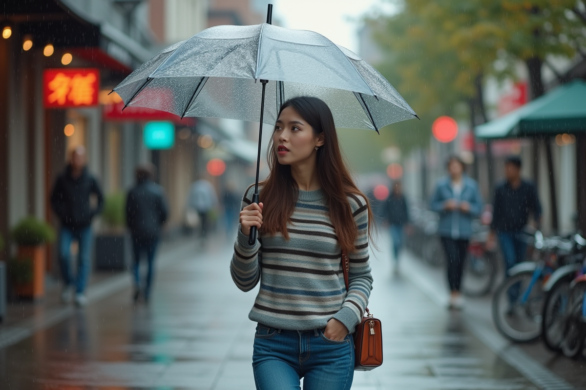 Jeune femme avec parapluie dans rue urbaine pluvieuse