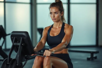Femme musclée sur un rameur en salle de sport travaillant les muscles du dos, des bras et du core