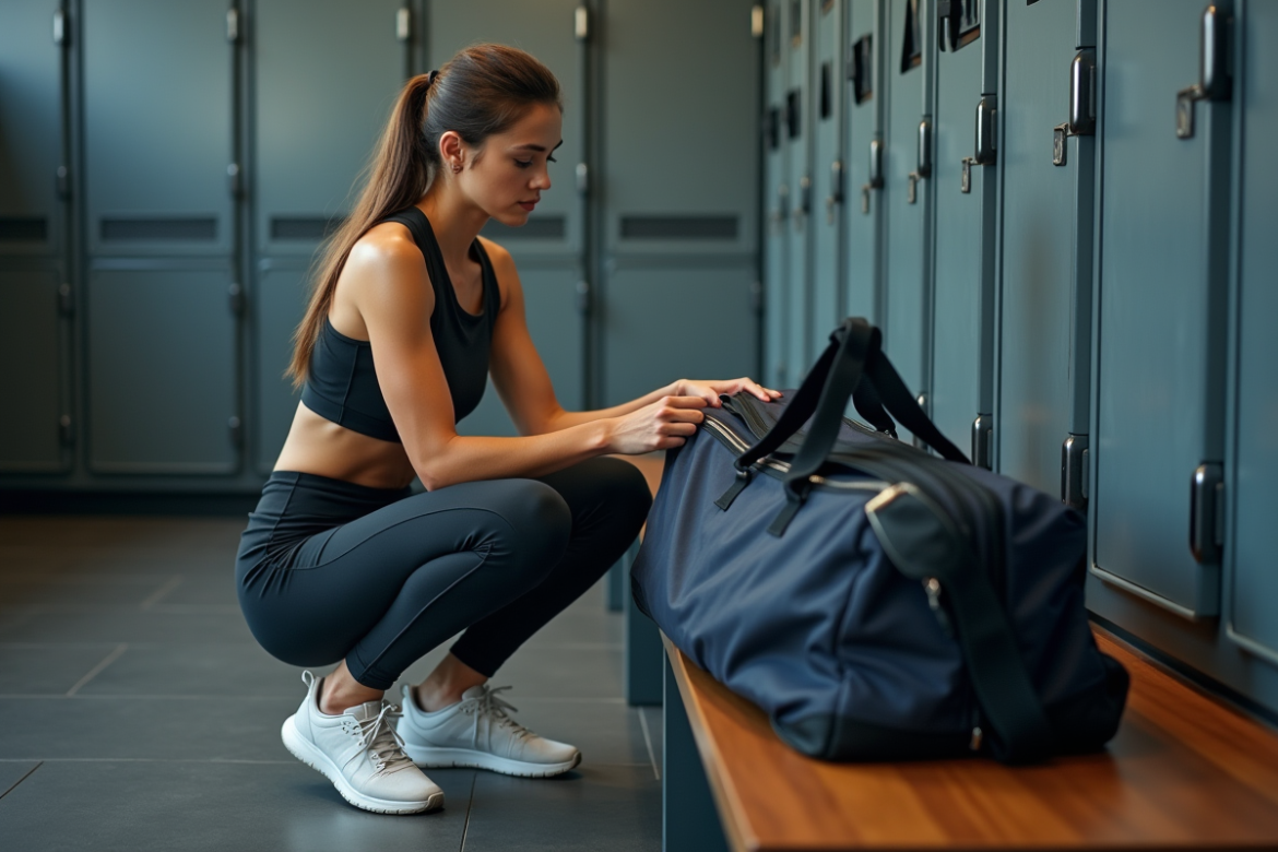 Jeune femme en tenue de sport choisissant un sac de sport