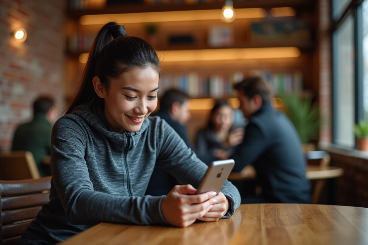 Jeune femme sportive utilisant son téléphone dans un café chaleureux