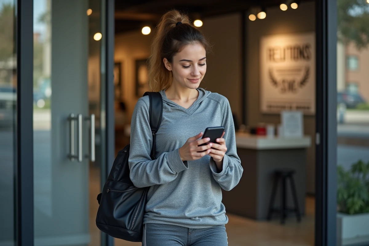 Femme vérifiant son smartphone devant une salle de sport