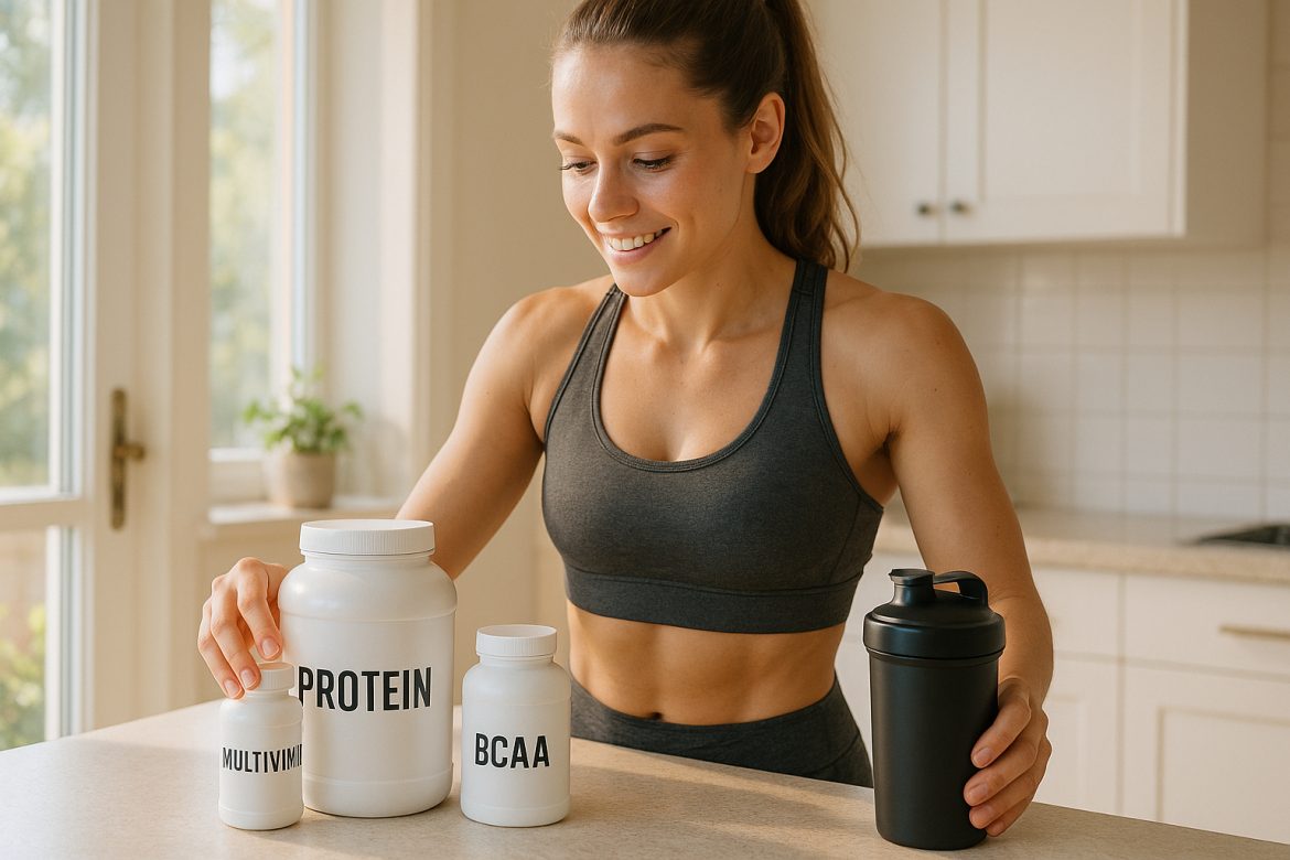 Femme sportive arrangeant des bouteilles de compléments dans la cuisine