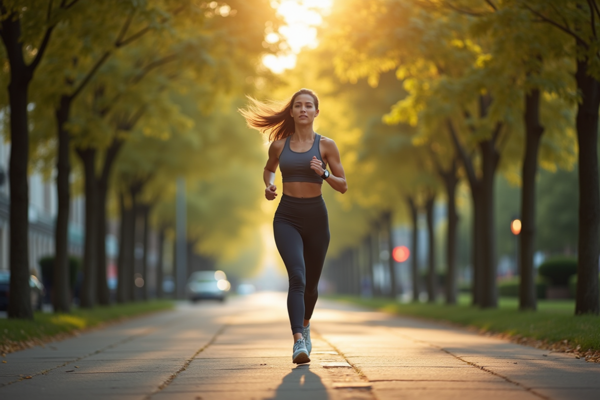 Jeune femme en tenue de sport marche dans un parc urbain ensoleille