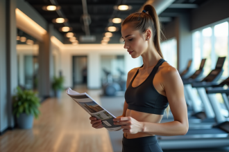 Femme sportive en centre fitness compare équipements