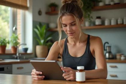 Jeune femme sportive consulte des compléments alimentaires à la maison