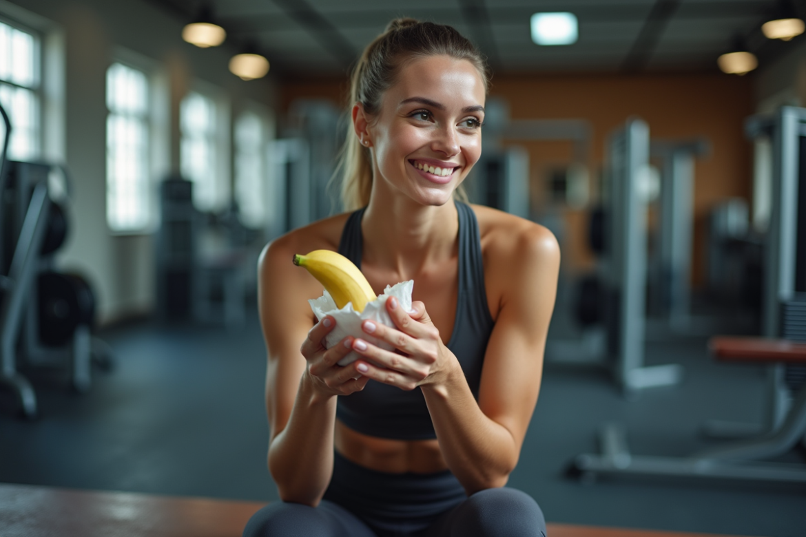 Femme sportive dans une salle de gym moderne en train d'ouvrir une banane
