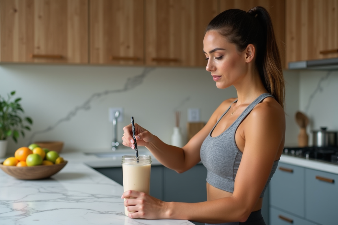 Femme sportive préparant un shake protéine dans la cuisine