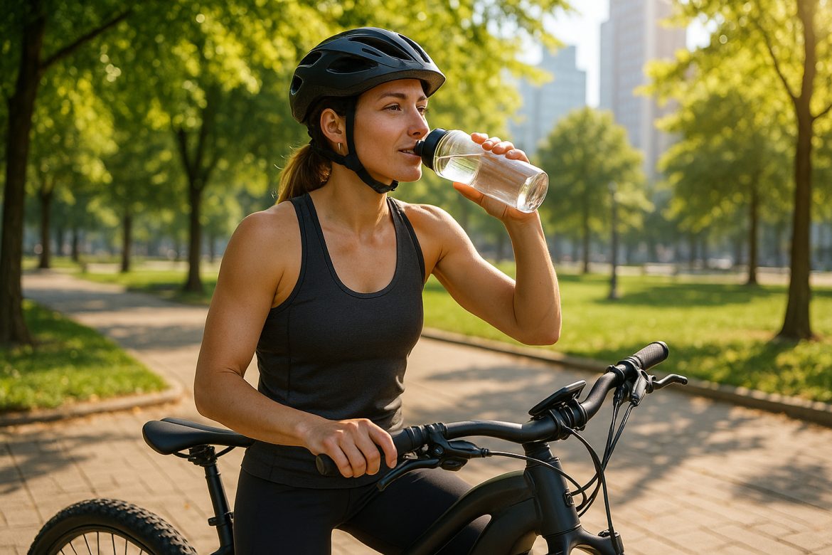 Femme sportive en vélo électrique dans un parc urbain ensoleillé