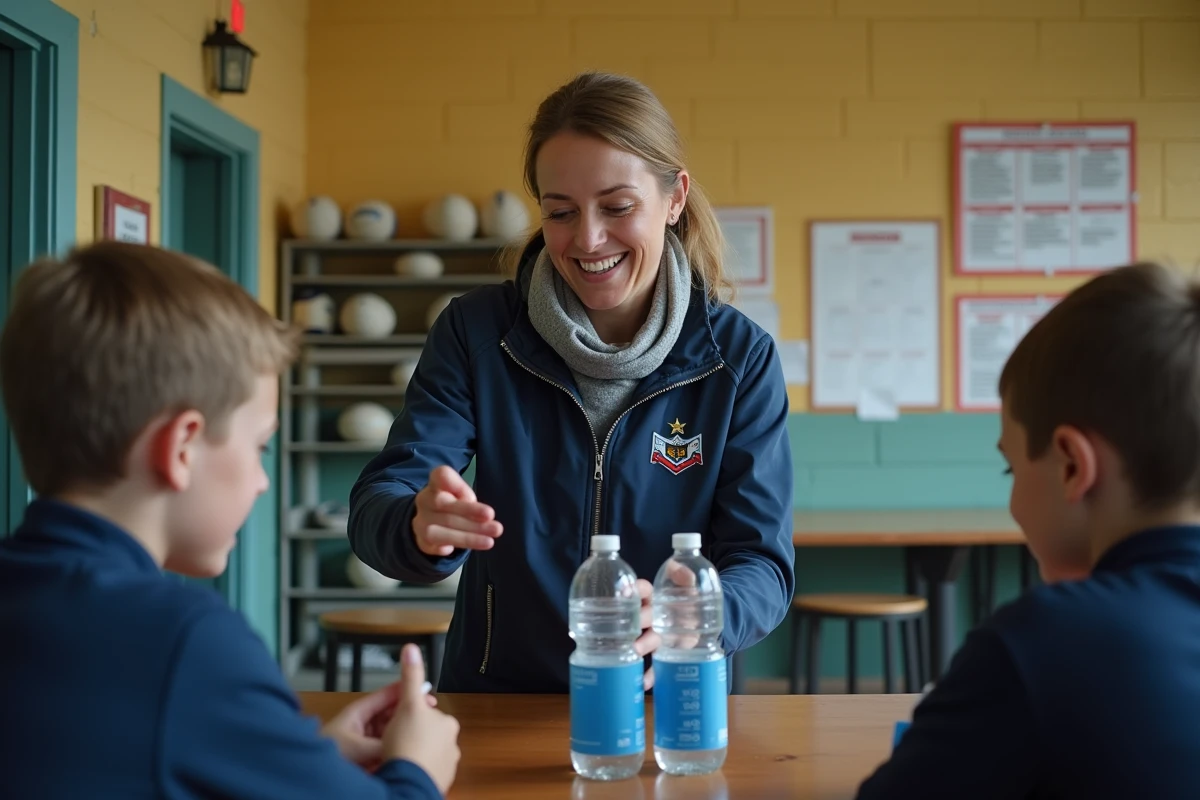 Femme du staff distribuant des bouteilles d
