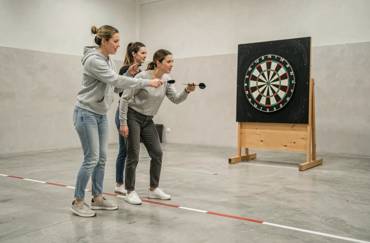 Deux femmes adultes pratiquant les fléchettes dans une salle de sport moderne, respectant la distance réglementaire de lancer