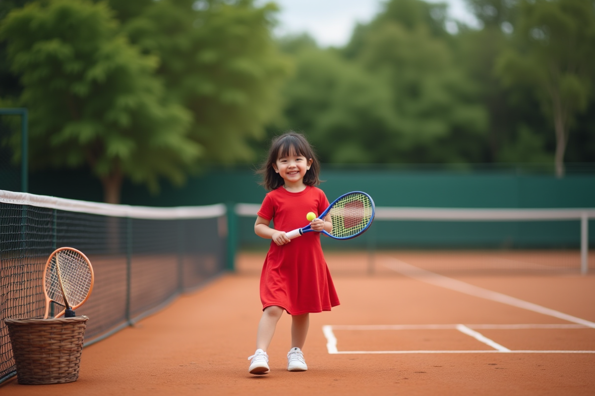 Fille de 10 ans souriante avec raquette sur court extérieur