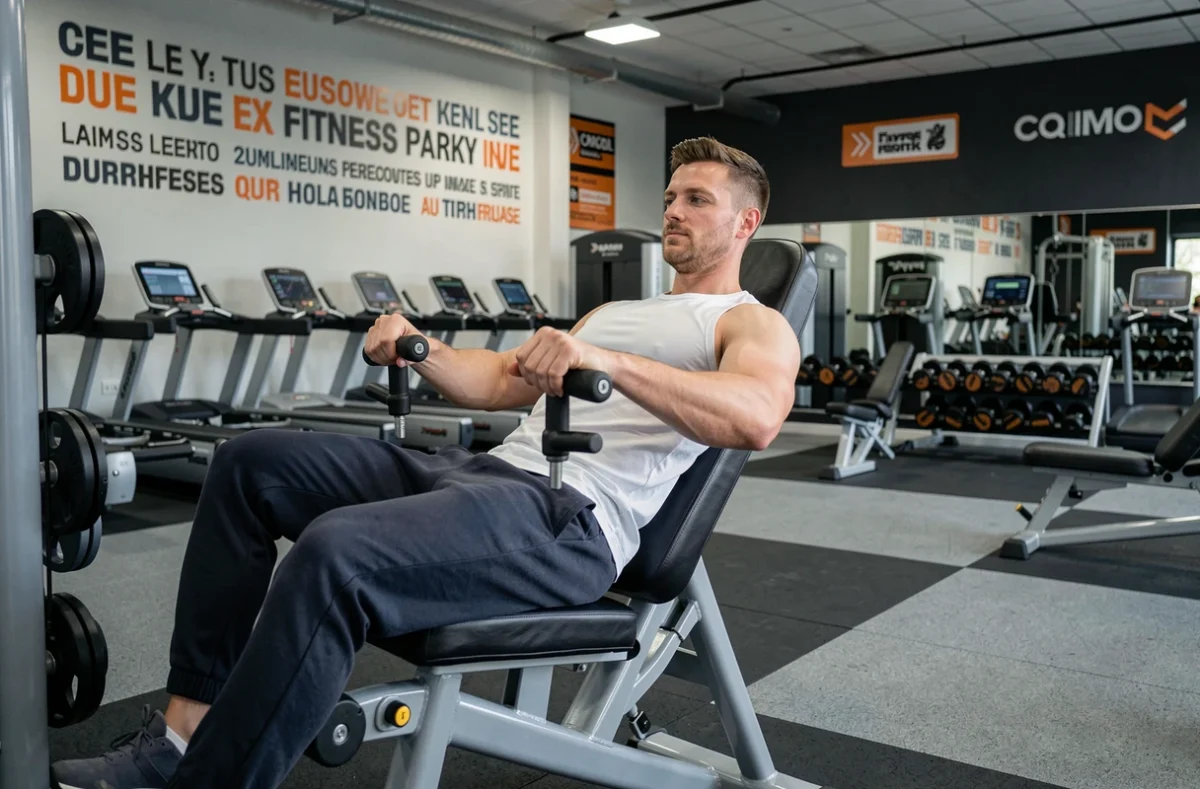 Homme utilisant une machine de musculation dans la salle Fitness Park Lille, vaste espace équipé visible en arrière-plan